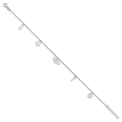 Sterling Silver Love Themed Dangles 9In Plus 1In Ext. Anklet