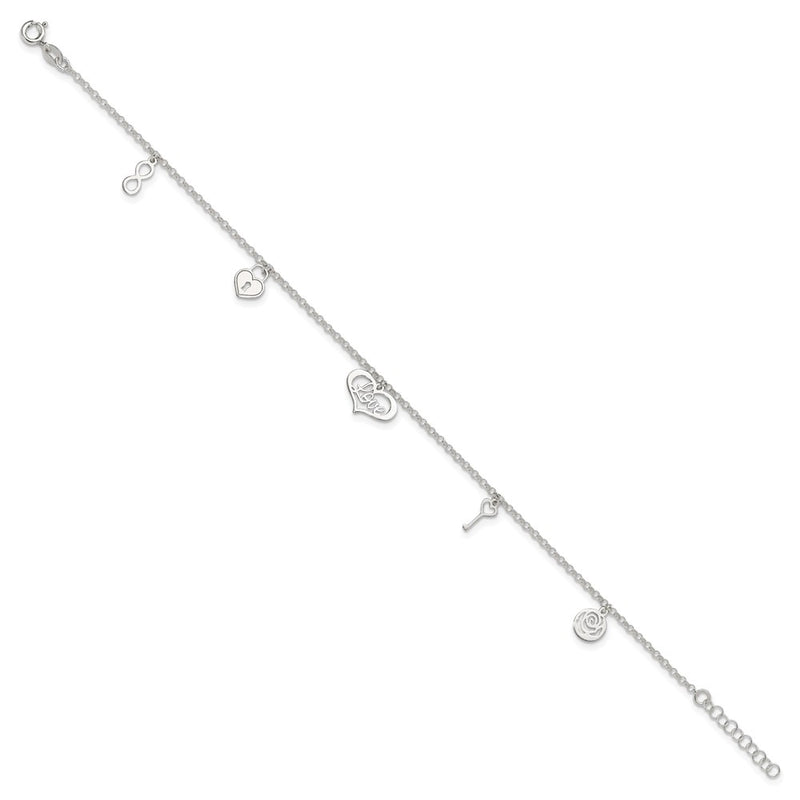 Sterling Silver Love Themed Dangles 9In Plus 1In Ext. Anklet