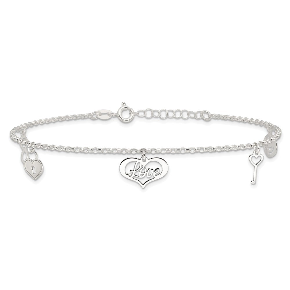 Sterling Silver Love Themed Dangles 9In Plus 1In Ext. Anklet