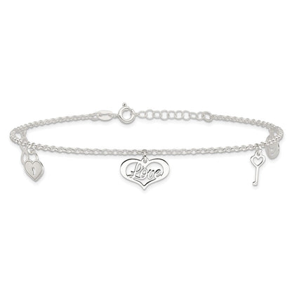 Sterling Silver Love Themed Dangles 9In Plus 1In Ext. Anklet