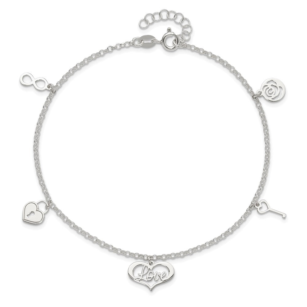 Sterling Silver Love Themed Dangles 9In Plus 1In Ext. Anklet