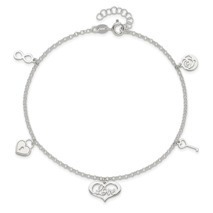 Sterling Silver Love Themed Dangles 9In Plus 1In Ext. Anklet