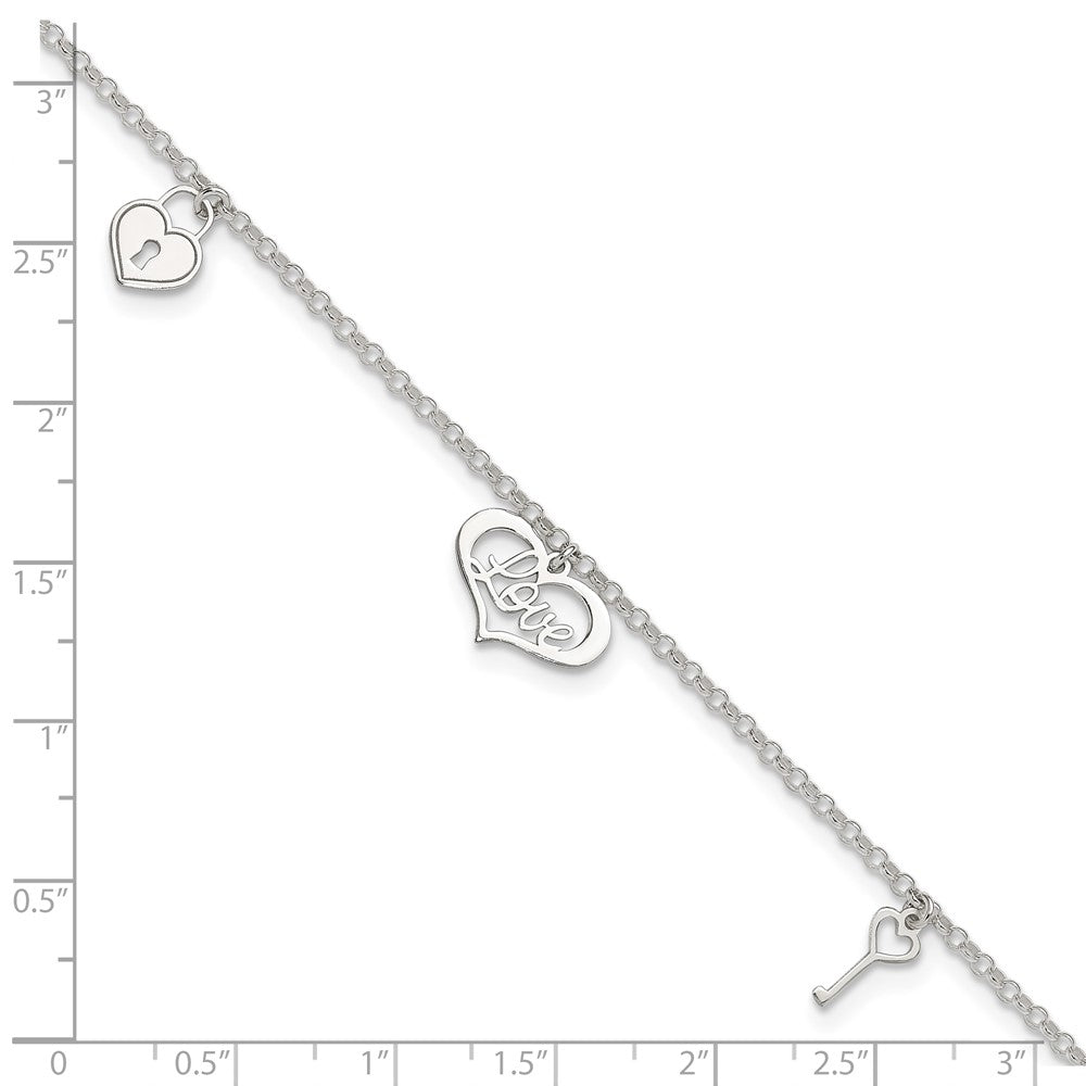 Sterling Silver Love Themed Dangles 9In Plus 1In Ext. Anklet