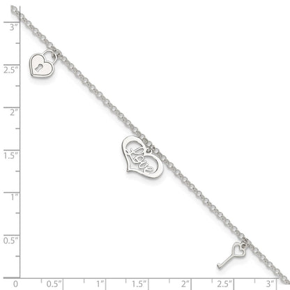 Sterling Silver Love Themed Dangles 9In Plus 1In Ext. Anklet