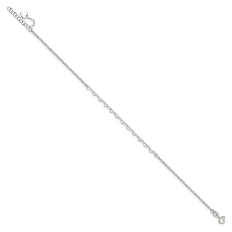 Sterling Silver Heart Charm 9In Plus 1In Ext. Anklet