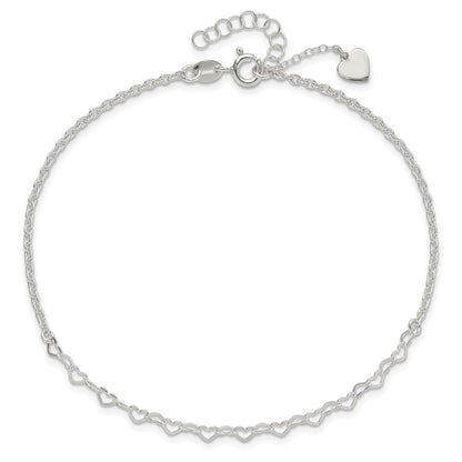 Sterling Silver Heart Charm 9In Plus 1In Ext. Anklet