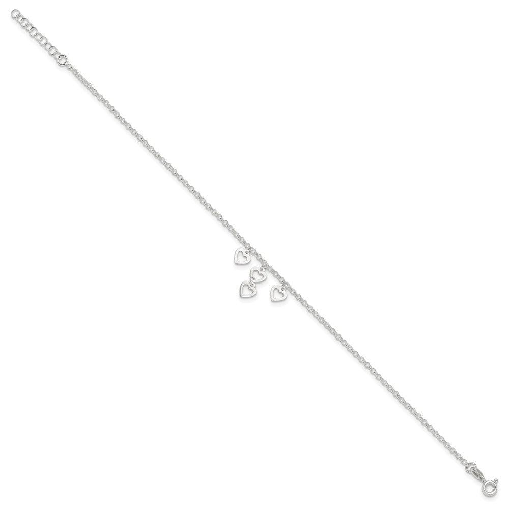 Sterling Silver Open Heart Dangles 9In Plus 1In Ext. Anklet