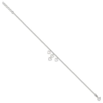 Sterling Silver Open Heart Dangles 9In Plus 1In Ext. Anklet