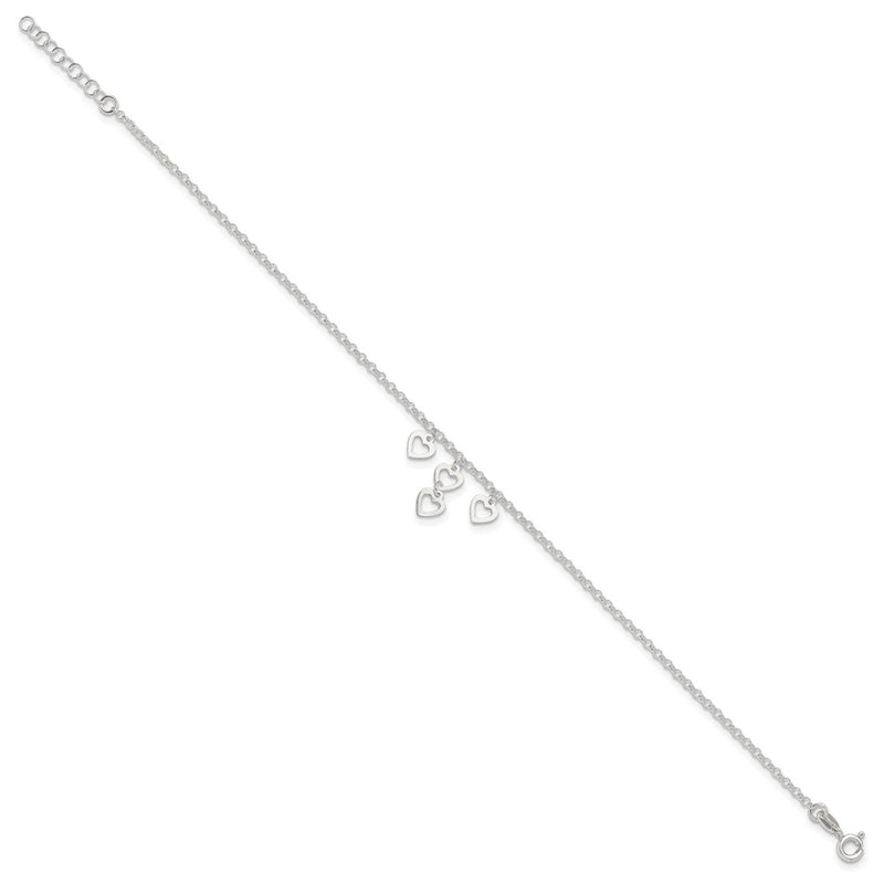 Sterling Silver Open Heart Dangles 9In Plus 1In Ext. Anklet
