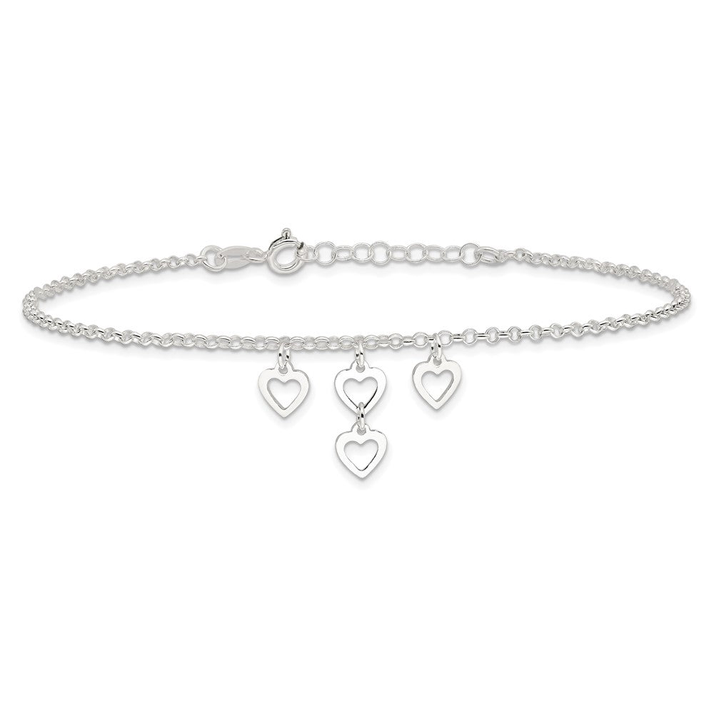 Sterling Silver Open Heart Dangles 9In Plus 1In Ext. Anklet
