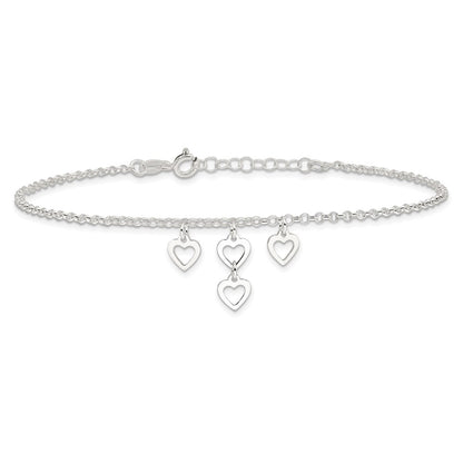 Sterling Silver Open Heart Dangles 9In Plus 1In Ext. Anklet
