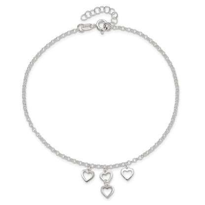 Sterling Silver Open Heart Dangles 9In Plus 1In Ext. Anklet