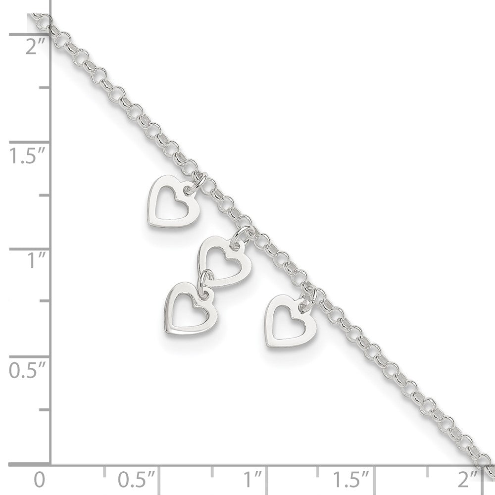 Sterling Silver Open Heart Dangles 9In Plus 1In Ext. Anklet