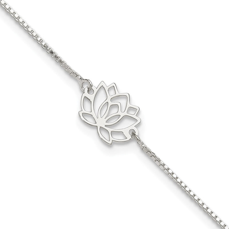 Sterling Silver Lotus With Blue Fabric Tassel 9In Plus 1In Ext. Anklet