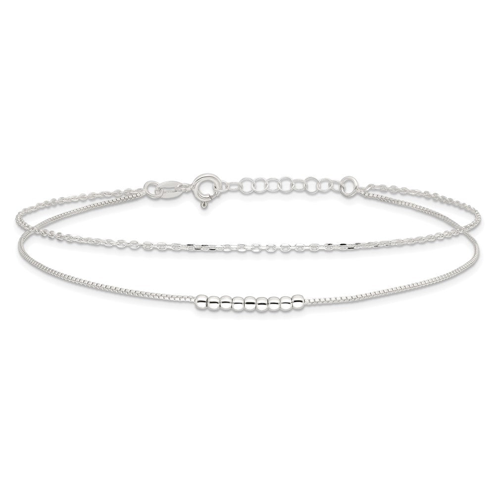 Sterling Silver 2-Strand Beaded 9In Plus 1In Ext. Anklet