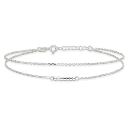 Sterling Silver 2-Strand Beaded 9In Plus 1In Ext. Anklet