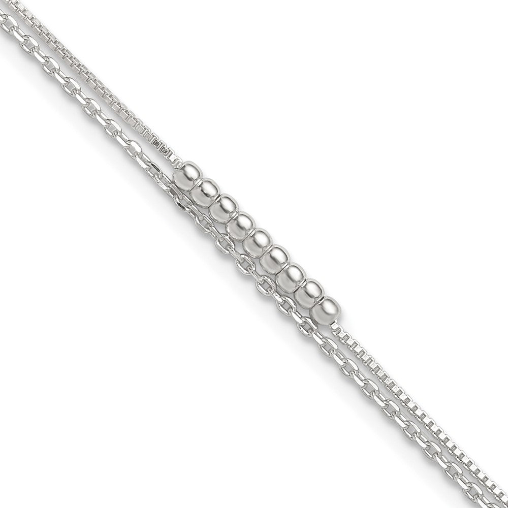 Sterling Silver 2-Strand Beaded 9In Plus 1In Ext. Anklet