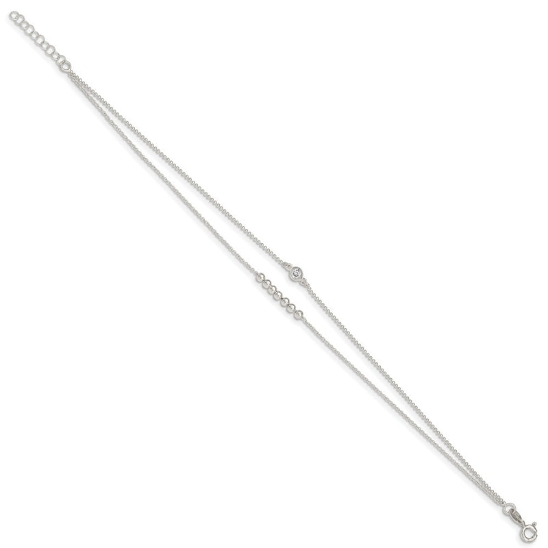 Sterling Silver 2-Strand Beaded Cz 9In Plus 1In Ext. Anklet
