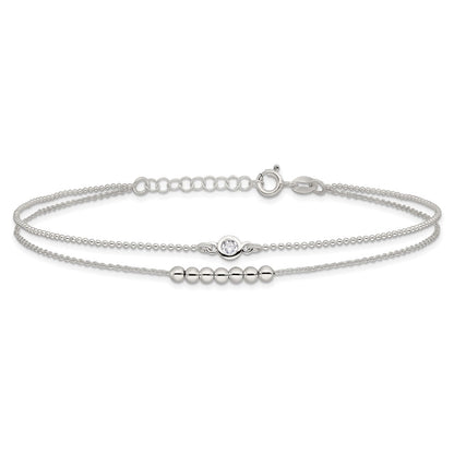 Sterling Silver 2-Strand Beaded Cz 9In Plus 1In Ext. Anklet