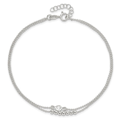 Sterling Silver 2-Strand Beaded Cz 9In Plus 1In Ext. Anklet