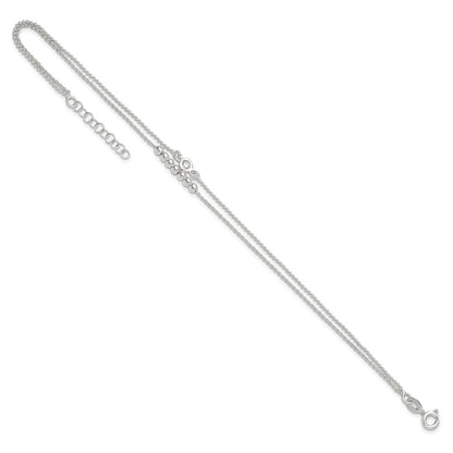 Sterling Silver 2-Strand Beaded Cz 9In Plus 1In Ext. Anklet