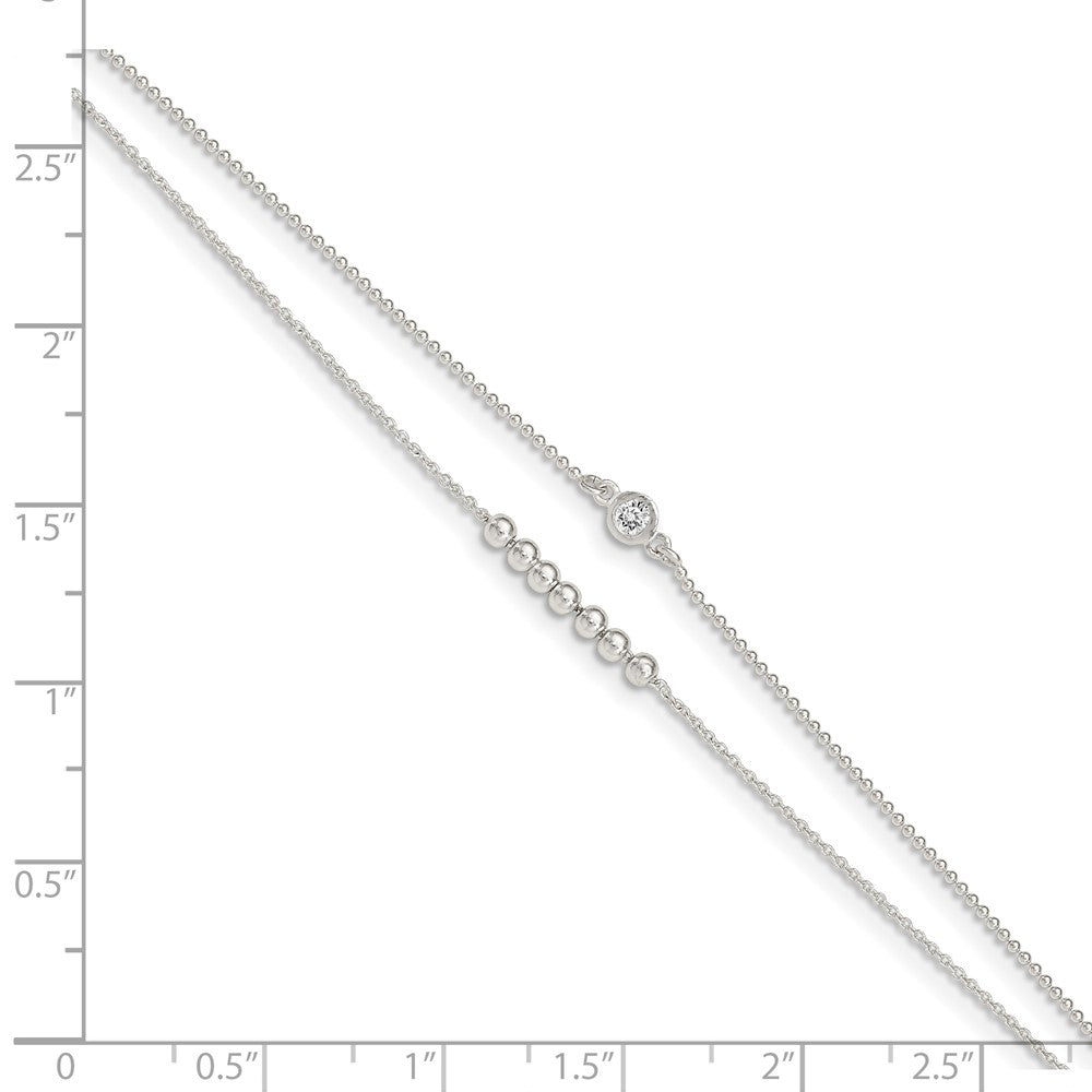 Sterling Silver 2-Strand Beaded Cz 9In Plus 1In Ext. Anklet