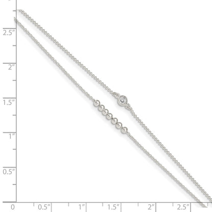 Sterling Silver 2-Strand Beaded Cz 9In Plus 1In Ext. Anklet
