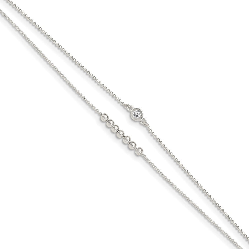 Sterling Silver 2-Strand Beaded Cz 9In Plus 1In Ext. Anklet