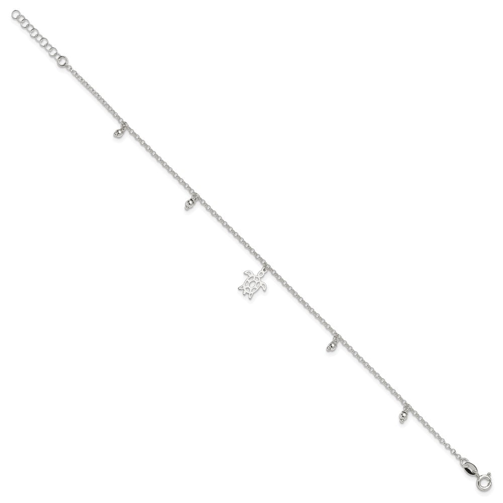 Sterling Silver Turtle Dangle Beads 9In Plus 1In Ext. Anklet