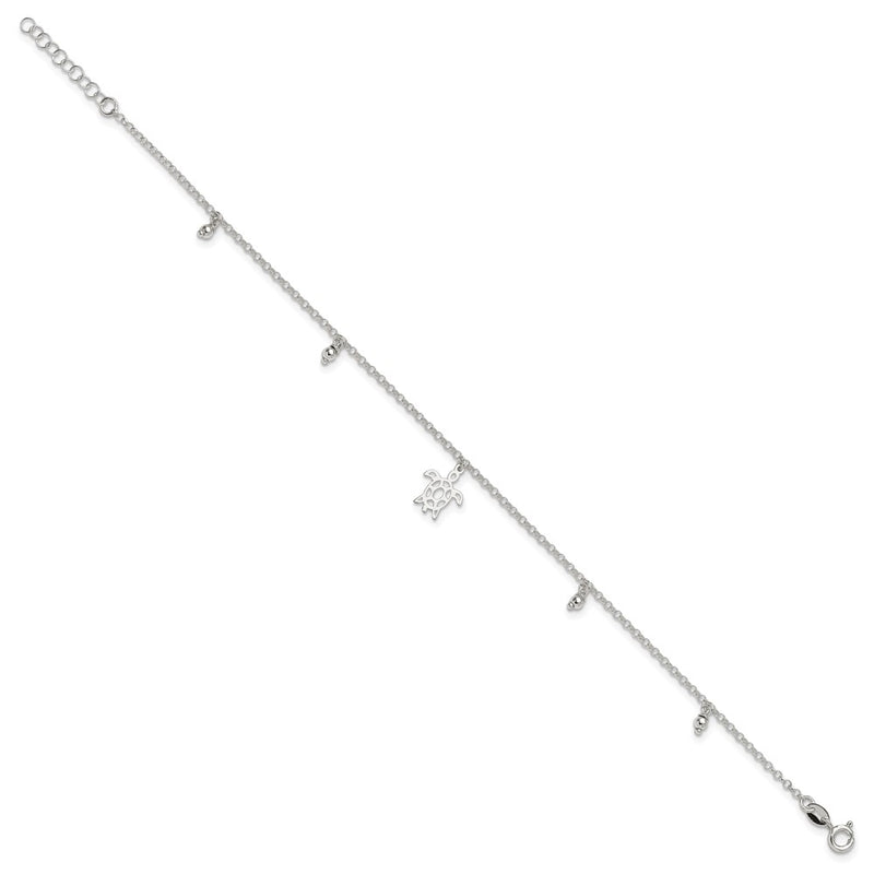 Sterling Silver Turtle Dangle Beads 9In Plus 1In Ext. Anklet