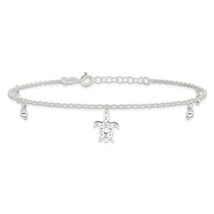 Sterling Silver Turtle Dangle Beads 9In Plus 1In Ext. Anklet