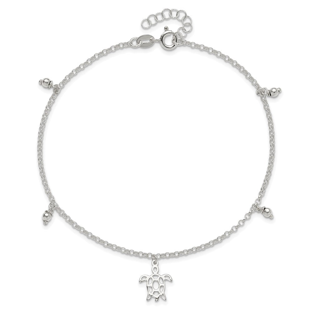 Sterling Silver Turtle Dangle Beads 9In Plus 1In Ext. Anklet