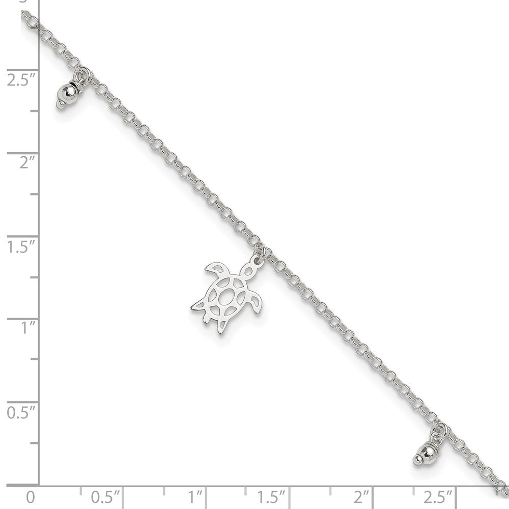 Sterling Silver Turtle Dangle Beads 9In Plus 1In Ext. Anklet
