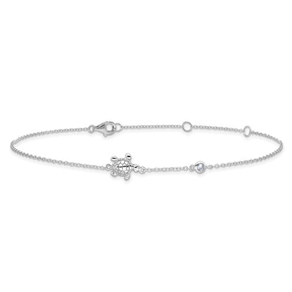 Sterling Silver Rhodium-Plated Polished Cz Turtle 9 Inch With A 2 Extention Anklet