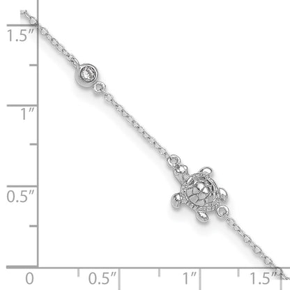Sterling Silver Rhodium-Plated Polished Cz Turtle 9 Inch With A 2 Extention Anklet