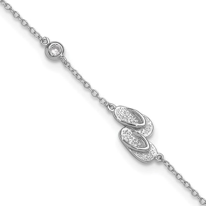 Sterling Silver Rhodium-Plated Polished Cz Flip Flops 9 Inch With A 2 Extention Anklet