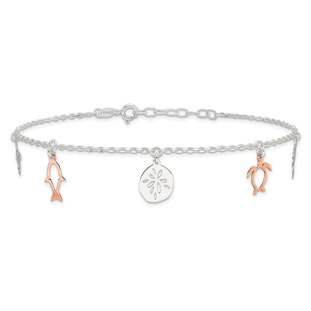 Sterling Silver Rose-Tone Seashore Dangles 9In Plus 1In Ext. Anklet