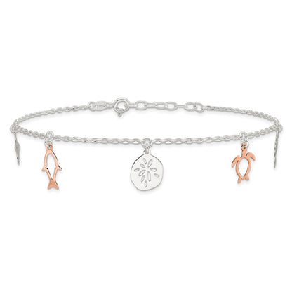 Sterling Silver Rose-Tone Seashore Dangles 9In Plus 1In Ext. Anklet