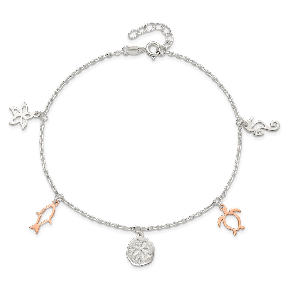 Sterling Silver Rose-Tone Seashore Dangles 9In Plus 1In Ext. Anklet