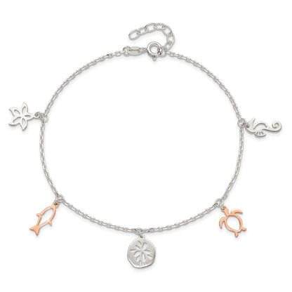 Sterling Silver Rose-Tone Seashore Dangles 9In Plus 1In Ext. Anklet
