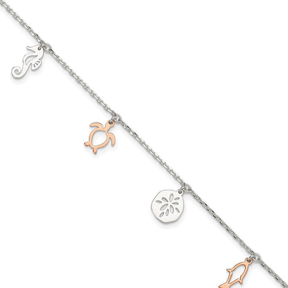 Sterling Silver Rose-Tone Seashore Dangles 9In Plus 1In Ext. Anklet