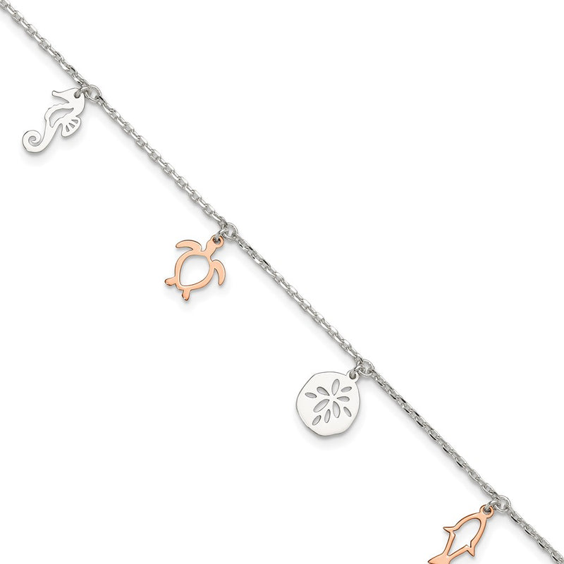 Sterling Silver Rose-Tone Seashore Dangles 9In Plus 1In Ext. Anklet