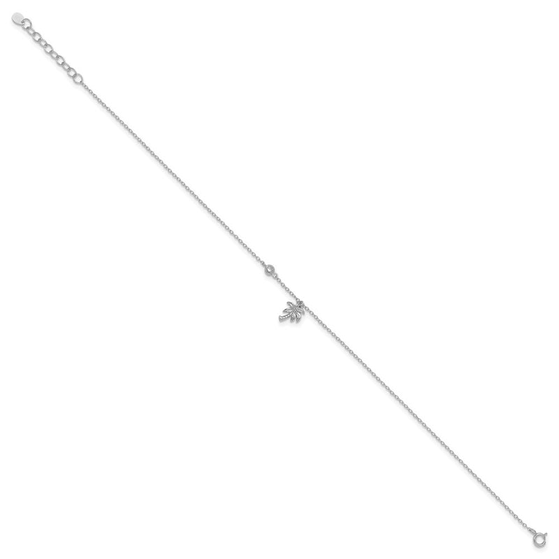 Sterling Silver Rhodium-Plated Cz And Palm Tree 9In Plus 1In Ext. Anklet