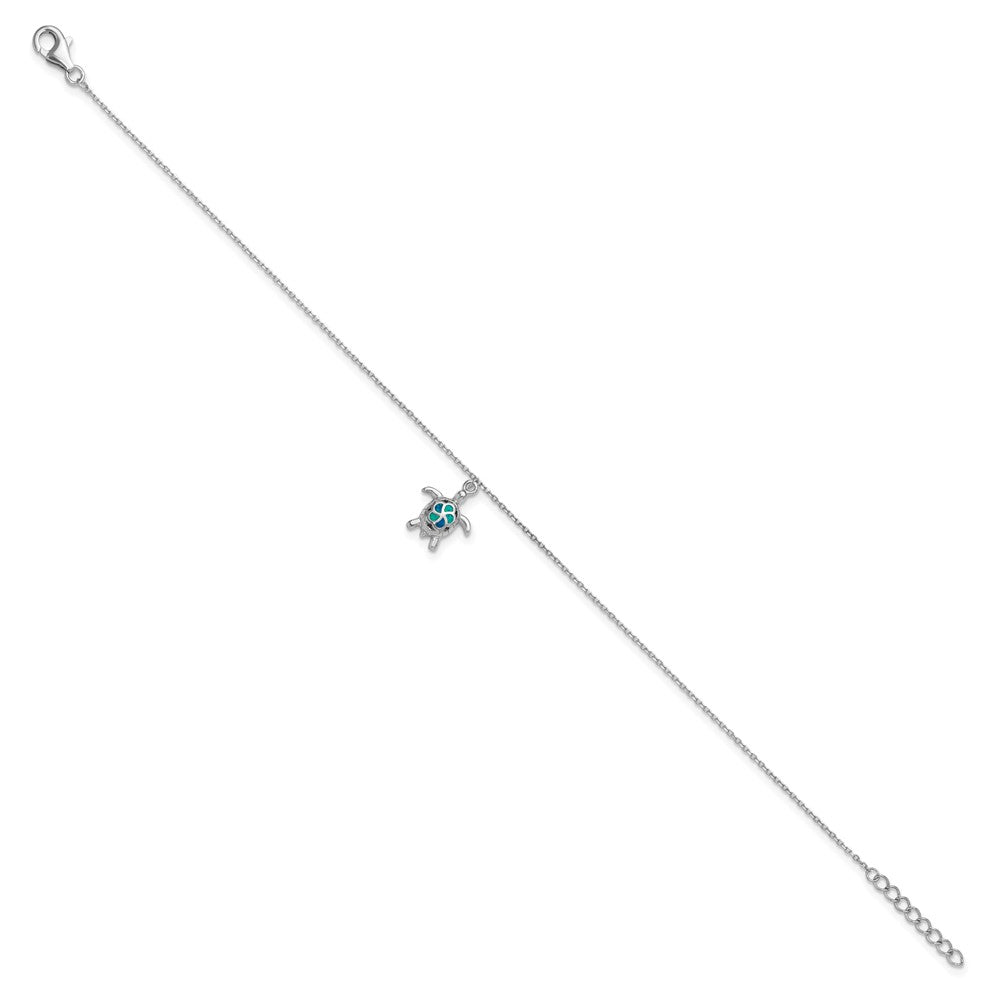 Sterling Silver Rhodium-Plated Polished Created Opal Turtle 9 Inch With A 1 Extention Anklet