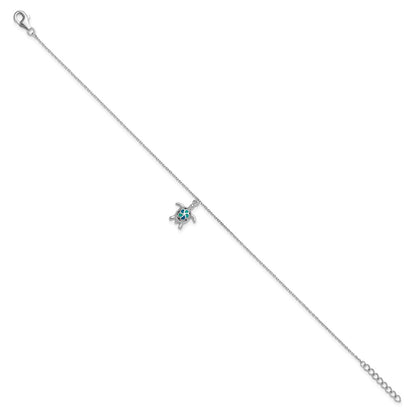 Sterling Silver Rhodium-Plated Polished Created Opal Turtle 9 Inch With A 1 Extention Anklet
