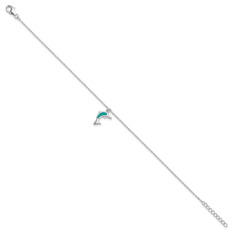 Sterling Silver Rhodium-Plated Created Opal Dolphin 9 Inch With An 1 Extention Anklet
