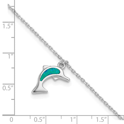 Sterling Silver Rhodium-Plated Created Opal Dolphin 9 Inch With An 1 Extention Anklet