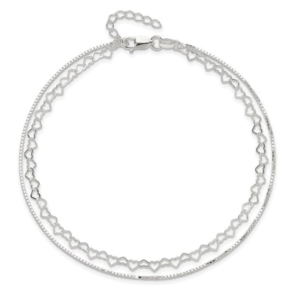 Sterling Silver Polished Double Strand Hearts 9In Plus 1In Ext Anklet