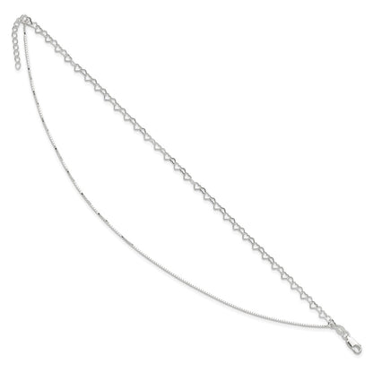 Sterling Silver Polished Double Strand Hearts 9In Plus 1In Ext Anklet