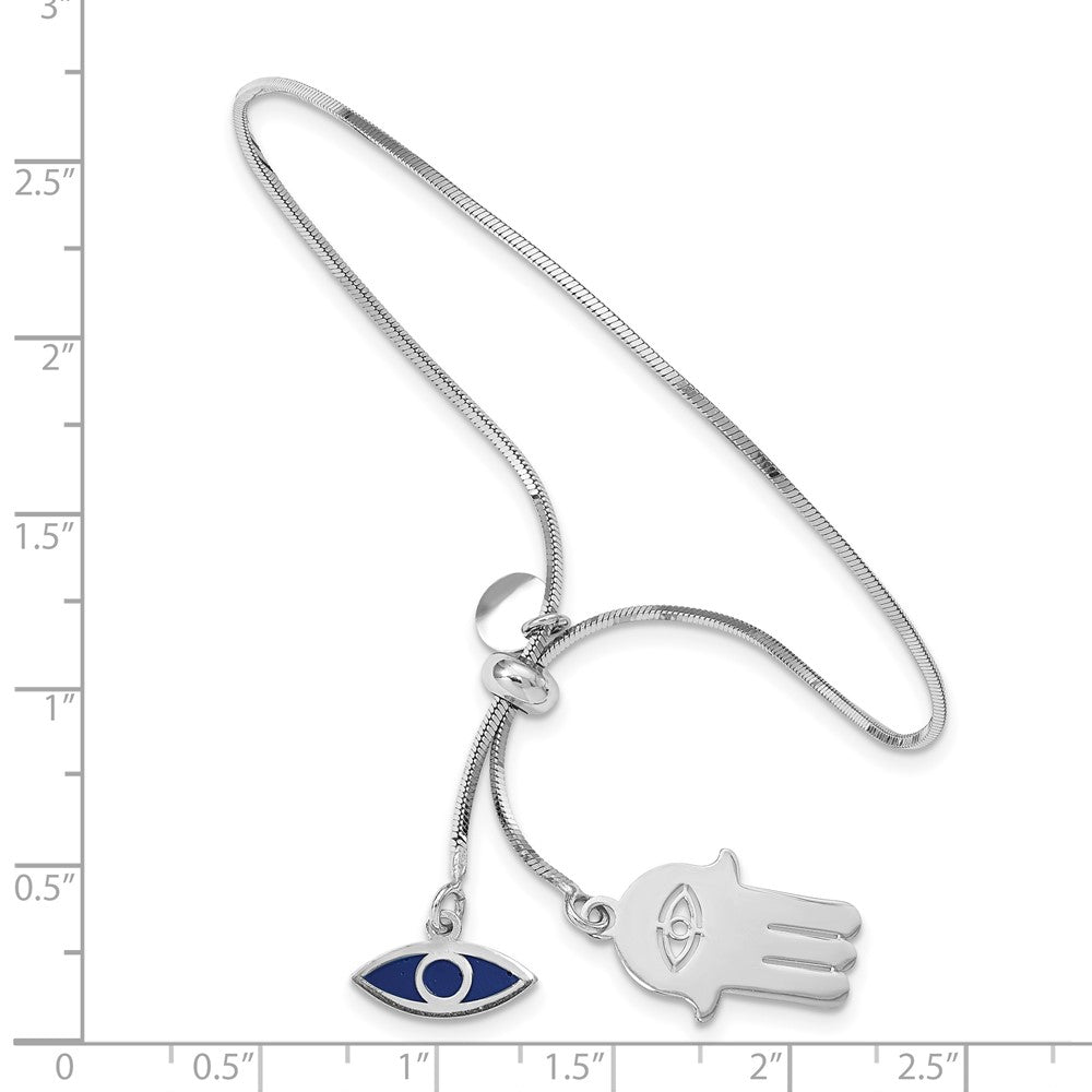 8.5 Inch Sterling Silver Rh-Plated Enamel Eye And Hamsa Adjustable Bracelet